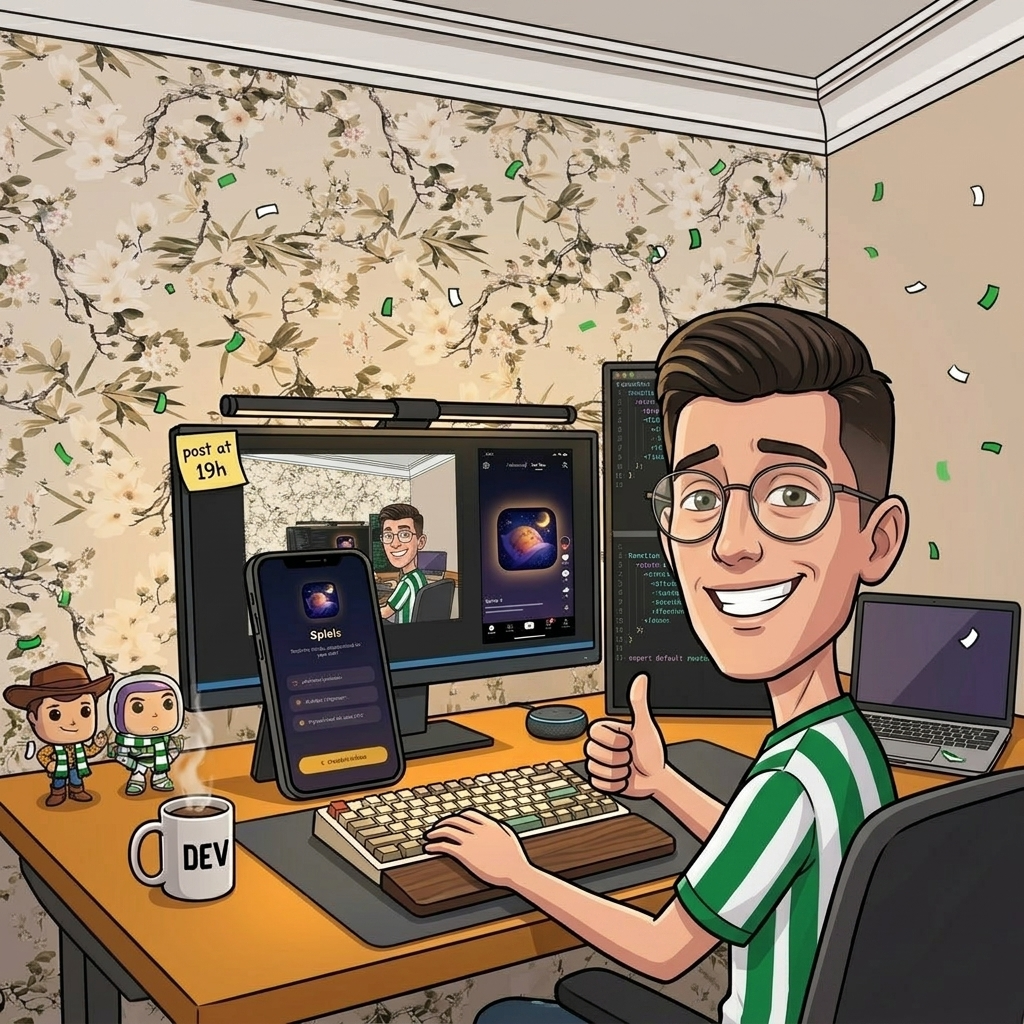 Illustration of Santana at his desk building apps