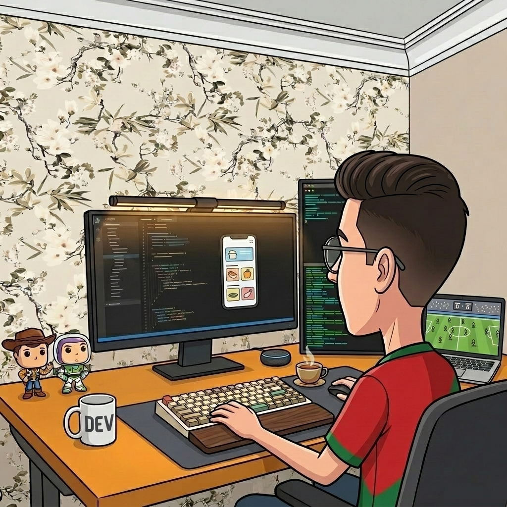 Cartoon of Santana at his desk in Portugal, coding a mobile app on a large monitor with the Glaner recipe app on screen, a Woody and Buzz figurine and a DEV mug beside him.